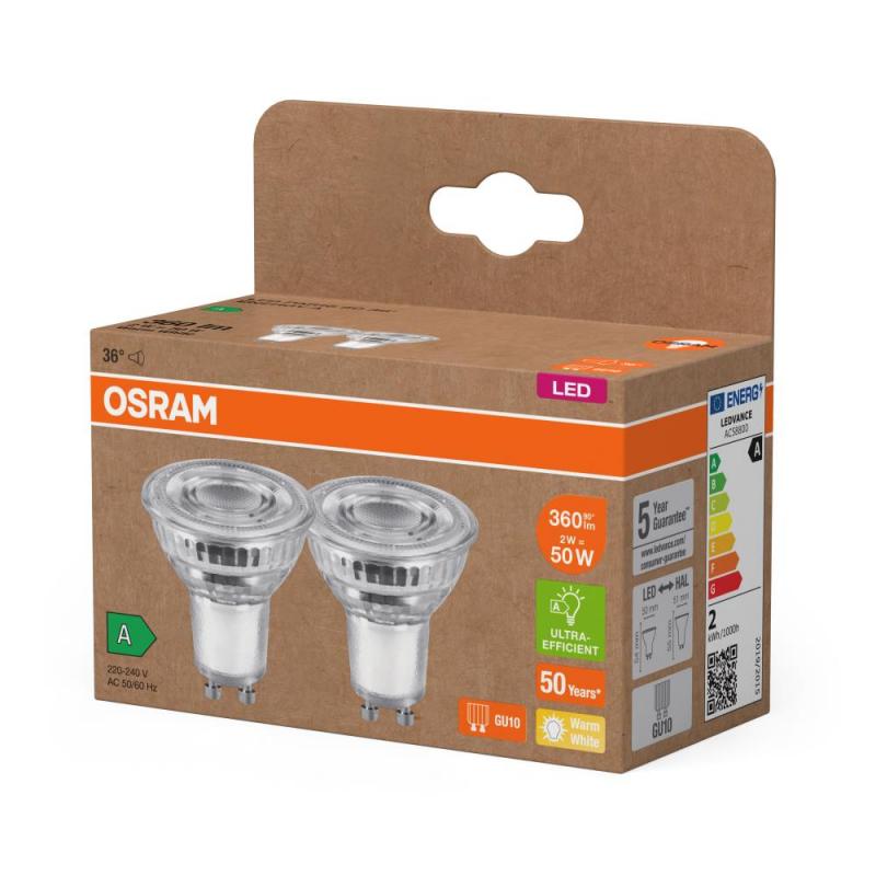 2er Set OSRAM GU10 LED Strahler besonders effizient 36 ° 2W wie 50W 2700K warmweißes Licht